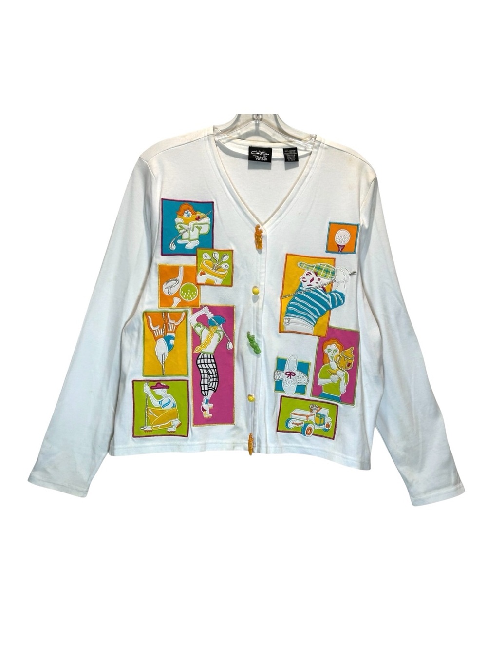 VTG Christina Rotelli Women’s White Golf Novelty Cardigan (Some Stains) - Large